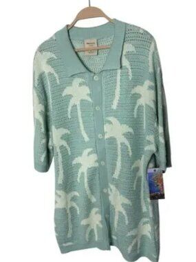Massive Luxury Men's L Palm Tree Knit‎ Crochet Short Sleeve Button Up Shirt NWT